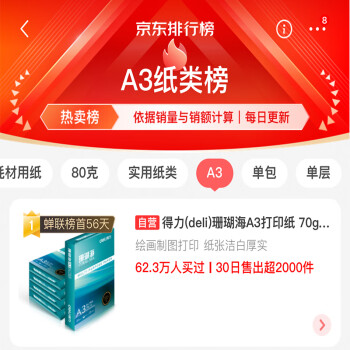 得力(deli)珊瑚海A3打印纸 70g克500张*5包一箱 行业热销复印纸 双面绘图纸 手抄报画纸 整箱2500张 7365